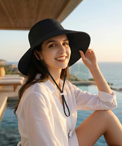 Womens Foldable Shapeable Brim Sun Hat UPF 50+ Cotton Wide Brim Beach Adjustable Chin Strap Hat Sun Protection Cap - color: Z2-black