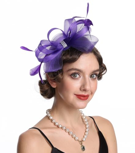 SAFERIN Elegant Women's Fascinator Hat with Veil and Feather Hair Clip Headpiece for Weddings Tea Party - color: St09-purple