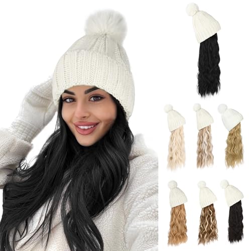 Flufymooz Beanie Wig Hat, Long Wavy Curly Black Hairpiece with Faux Fur Pom, Attached 20 Inch Synthetic Hair for Women Girls Winter (Natural Black) - color: White Hat-natural Black, size: 20 Inch