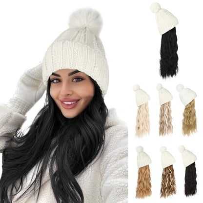 Flufymooz Beanie Wig Hat, Long Wavy Curly Black Hairpiece with Faux Fur Pom, Attached 20 Inch Synthetic Hair for Women Girls Winter (Natural Black) - color: White Hat-natural Black, size: 20 Inch