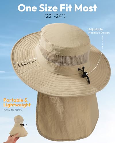 Sun Hats for Men Wide Brim Bucket Hat with Neck Flap for Fishing & Hiking Mens Sun Hat for UV Protection - color: Khaki