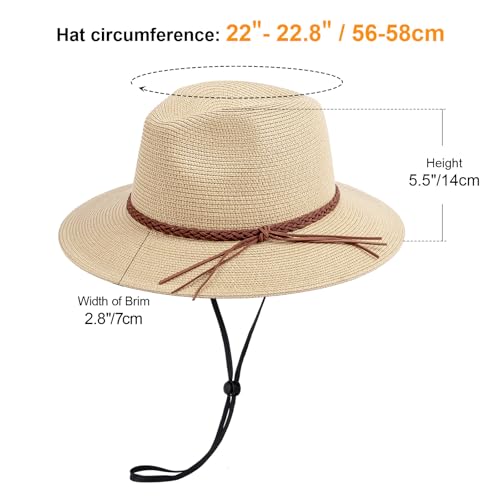 DRESHOW Women Straw Panama Hat Travel Fedora Beach Sun Hat Summer Wide Brim Straw Roll up Hat UPF 50+ - color: Straw Hat With Braided Band: Beige