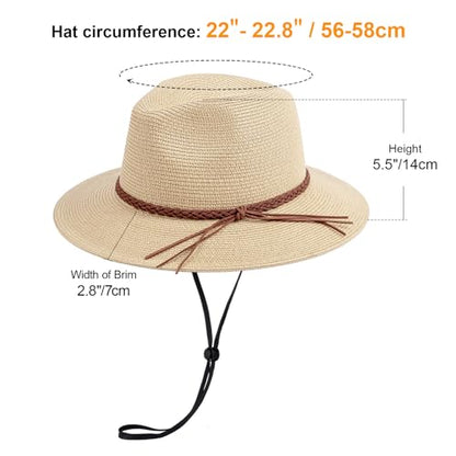 DRESHOW Women Straw Panama Hat Travel Fedora Beach Sun Hat Summer Wide Brim Straw Roll up Hat UPF 50+ - color: Straw Hat With Braided Band: Beige