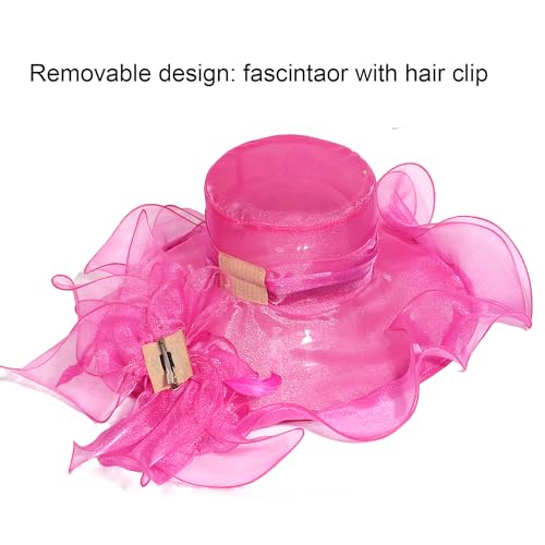 Women Oganza Sun Hat Church Wide Brim Wedding Formal Fascinator Hat - color: Rose