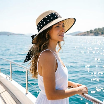 DRESHOW Sun Hats for Women Travel Fedora Foldable Beach Sun Hat Summer Wide Brim Straw Bucket Hat with Bowknot UPF 50+ - color: 1 Pack Bowknot Straw Hat: Beige (Black Polka Dot Band)