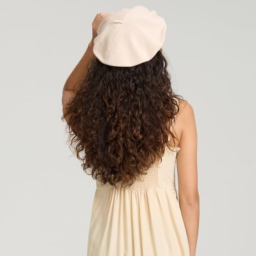 Cotton French Beret Hat for Men Women, Military Style Beret Cap with Leather Label & Drawstring, Casual Beanie - color: Khaki