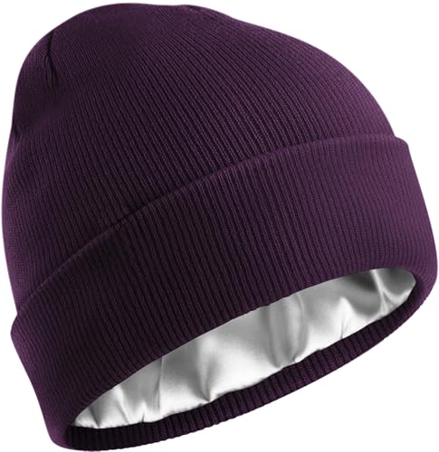 Satin Lined Beanie for Women Men, Cotton Knit Winter Beanies Hat - color: Purple
