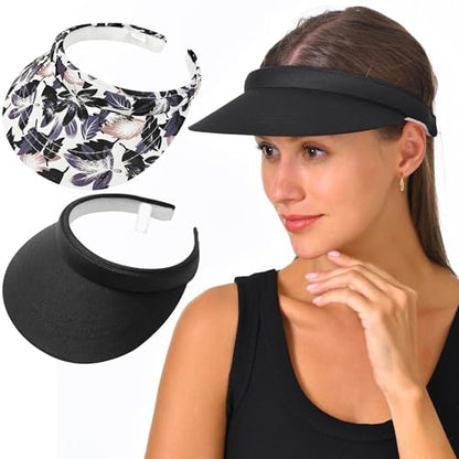 2 Pack Visor Women Men Sun Hat Clip On Visors Adjustable Sport Wide Brim Cap - color: Black, Leaves