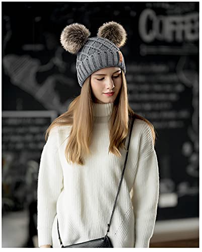 Arctic Paw Womens Winter Hat Cable Knit Beanie for Women Faux Fur Pompom Ears - color: Grey_grid