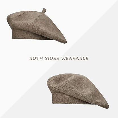 Gllutt Beret Hat French Style Stretchy Knitting Solid Color Both Side Usable - color: Coffee