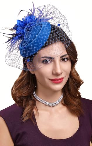 Fascinators Hats for Women Pillbox Hat 20s 30s 50s Vintage Feather Headwear Bowler Flower Veil Wedding Tea Party Hat - color: X-blue