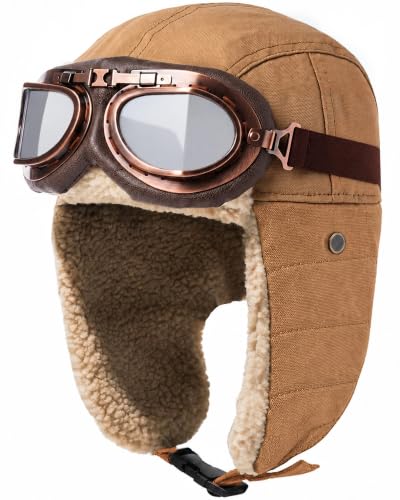 Aviator Hat with Goggles Adult Vintage Pilot Hat Costume Winter Bomber Hat Fur Ear Flaps Trapper Hat Men Women - color: Khaki Hat + Silver Glasses