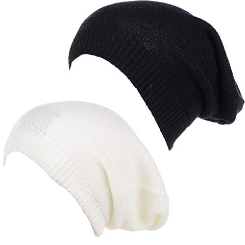 an Unisex Striped Knit Slouchy Beanie Hat Lightweight Soft Fashion Cap - color: 5014-2pk-wht