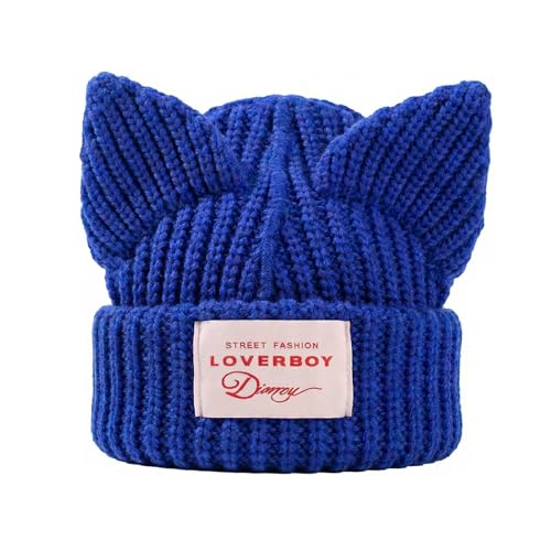 Cat Ear Beanie Y2K Cute Knit Hat with Ears Warm Crochet Hat Skull Cap for Women Men - color: Blue