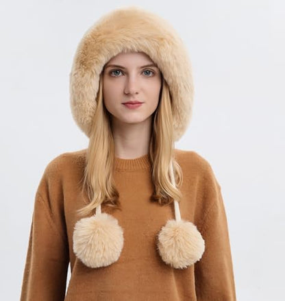 HUAMULAN Women Winter Sherpa Knit Beanie Hats Fleece Lined Ear Flaps - color: Beige Solid