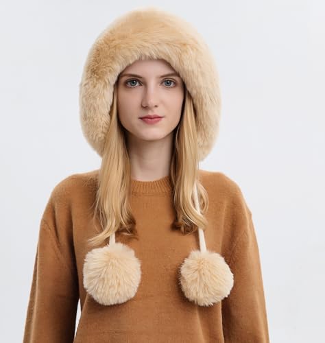 HUAMULAN Women Winter Sherpa Knit Beanie Hats Fleece Lined Ear Flaps - color: Beige Solid
