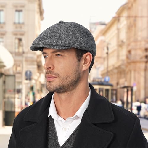 Men's Wool Blend Newsboy Cap Adjustable Gatsby Ivy Newsies Cabbie Hat Classic 8 Panel Tweed Flat Winter Hat - color: Plaid Darkgrey_2, size: Medium