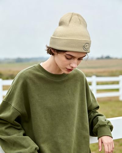 CLAPE Beanie Hat for Men, Cute Embroidery Smiley Face Winter Hat Women Outdoor Ski Snowboarding Knit Cuffed Fisherman Beanie - color: Kh27-beige