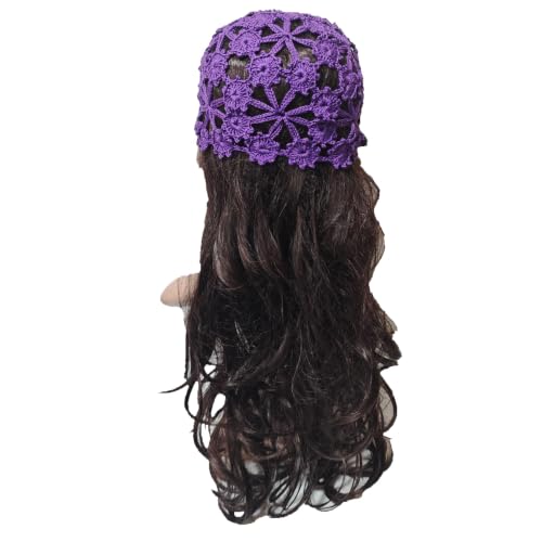 Women Lace Crochet Beanie Hat Handmade Knitted Cutout Floral Skull Cap - color: Dark Purple