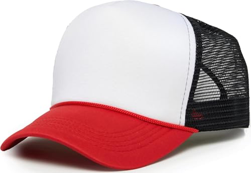 Funky Junque Blank Mesh Foam Lightweight Snapback Trucker Hat - color: White/Red/Black