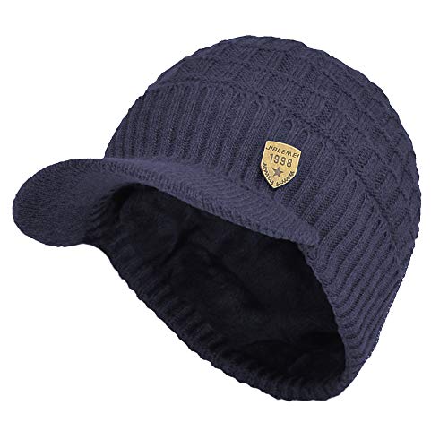 Women's Soft Knitting Visor Beanie Winter Hat with Brim Fleece Lining Baseball Cap - color: Blue