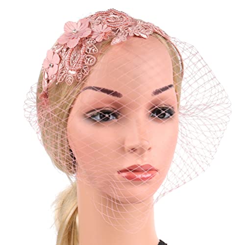 Beaupretty Womens Fascinators Hat Bridal Wedding Veil Mesh Lace Headband Tea Party Headwear Fascinator Veil Headband - color: Pink