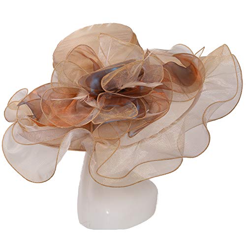 Women Oganza Sun Hat Church Wide Brim Wedding Formal Fascinator Hat - color: Light Blue & Light Yellow