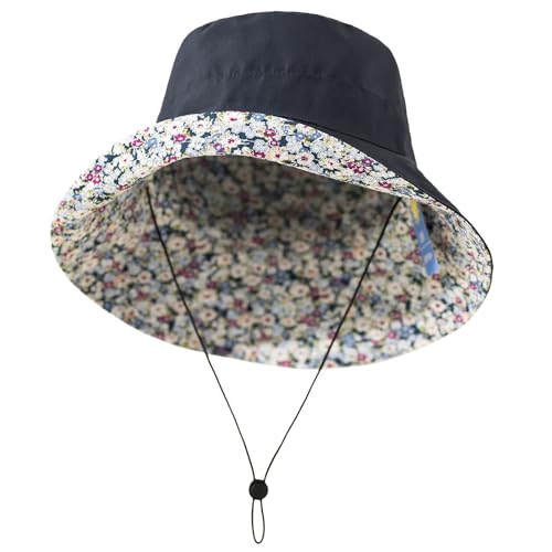 Lightweight Soft Women's Sun Hat, Floral Print UPF50+ UV Protection Bucket Hat, Foldable Portable, for Beach Vacation - color: Navy