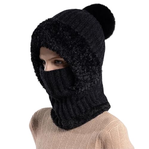 Women’s Knitted Beanie Hat with Face Cover - 3 in 1 Winter Balaclava with Mask Scarf Ear Muffs Pompom Fleece Lined Snow Caps - color: Black-a