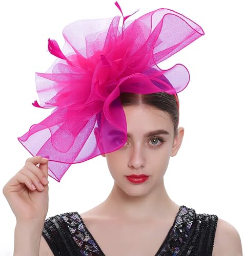 Women's Fascinators Hat for Women Tea Party Headband Wedding Cocktail Flower Mesh Feathers Hair Clip - color: 01 Rosered
