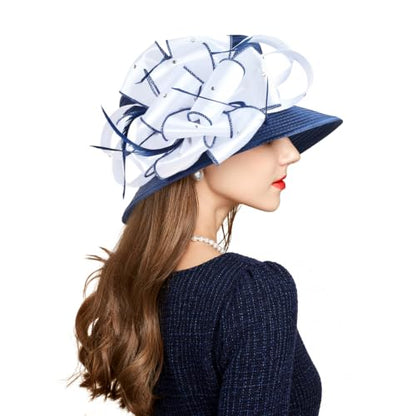 2026 Bucket Hats for Women Ladies Girls, Autumn Winter Fascinator Hat for Derby Kentucky Church Bridal UV Protection - color: A-4585b-dark Blue/White