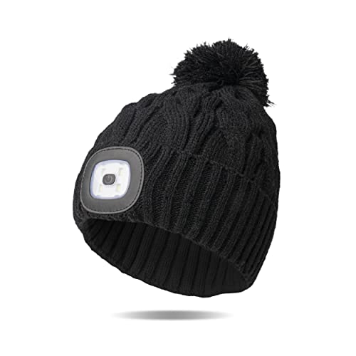 Classic Rechargeable LED Warm Knit Beanie Head Light Hat Headlamp for Outdoor Activities - color: Black Pom
