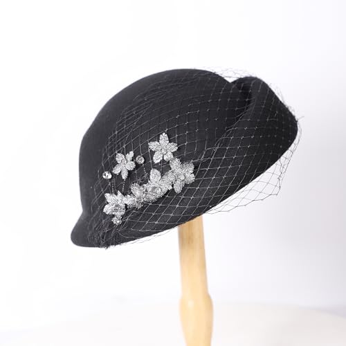 Vintage Wool Felt Cloche Bucket Bowler Hat Women Church Wedding Fascinator Formal Dress Hat Winter Fedoras - color: Black-35