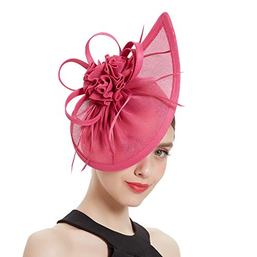 Fascinators Hat for Women Tea Party Headband Mini top Hats Cocktail Flower Mesh Feathers Hair Clip - color: Rose Red