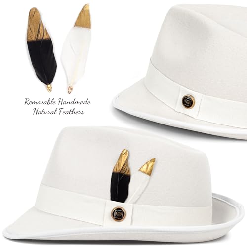 Fedora Hats for Men & Women Short Brim Felt hat Trilby Fedora with Feather Panama Dress Hat - color: White, size: Large
