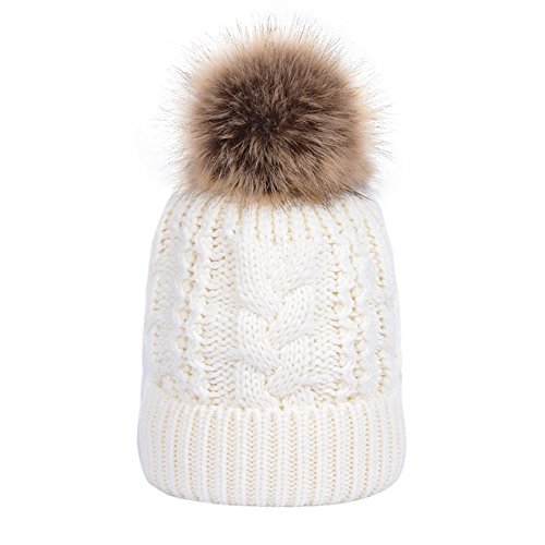 TOPTIE Slouchy Knit Beanie Hat for Women Faux Fur Pom Pom Fleece Lined - color: White