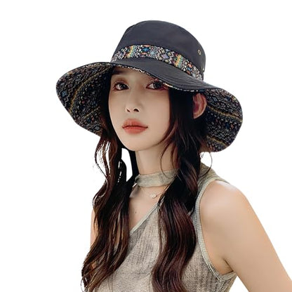 Womens Wide Brim Floral Summer Sun Hat UPF 50+ Ethnic Style Foldable Floppy Sun Protection Travel Beach Bucket Hat - color: Black