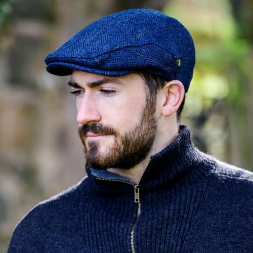 Mucros Weavers Irish Flat Cap Men Trinity Tweed Hat Driving Cap Made in Ireland - color: Col 34 (Blue Herringbone), size: Small