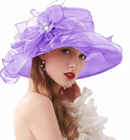 Organza Fascinator Hat - Women’s Wide Brim Church Bridal Tea Party Wedding Hat - color: 02a-light Purple