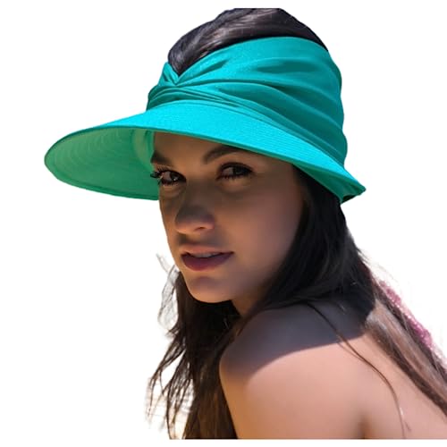 Sun Hat Women Beach Visor Cap UV Protection with Wide Brim Packable Summer Sport Ponytail Sun Cap - color: Lake Blue