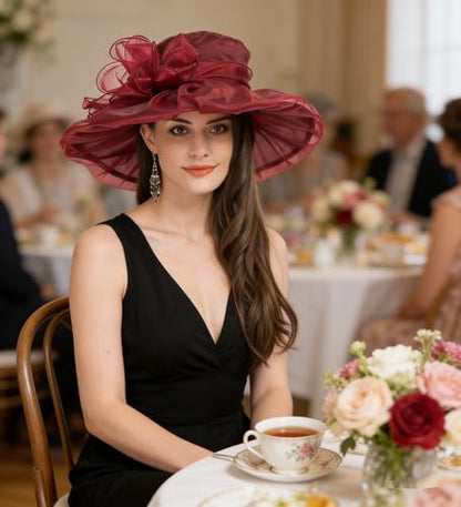 Haojing Women's Organza Church British Fascinator Bridal Tea Party Wedding Hat Summer Ruffles Cap - color: Hjh-burgundy Bowknot