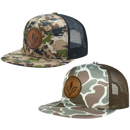 BASSDASH 2 Pack Flat Brim Trucker Cap Adjustable Snapback Hat Mesh Back for Men Women Fishing Hunting - color: Pack of 2, Highland & Color Block Camo