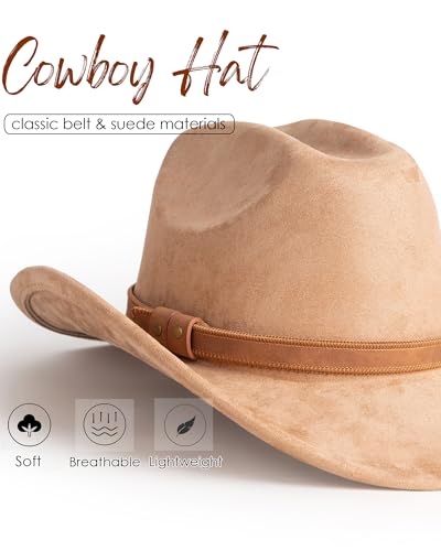 Western Cowboy Hat for Men Wide Brim Suede Cattleman Cowgril Hats - color: Khaki Belt /Khaki