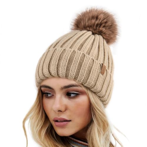 FURTALK Womens Winter Knitted Beanie Hat with Faux Fur Pom Warm Knit Skull Cap Beanie for Women - color: Smoke Gray