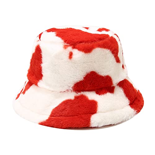 Dirholl Women's Winter Faux Fur Fuzzy Warm Bucket Hat - color: Cow Pattern Red