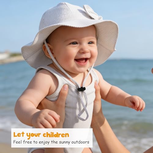 Baby Girl Sun Hat with UPF 50+ Outdoor Adjustable Beach Hat with Wide Brim Bucket Hats - color: Beige-stripe 1pcs, size: 6-12 Months