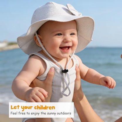 Baby Girl Sun Hat with UPF 50+ Outdoor Adjustable Beach Hat with Wide Brim Bucket Hats - color: Beige-stripe 1pcs, size: 6-12 Months