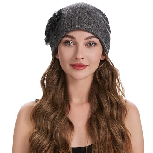 ZLYC Women Slouchy Beanie Hat Summer Knit Chemo Headwear - color: Flower Dark Gray