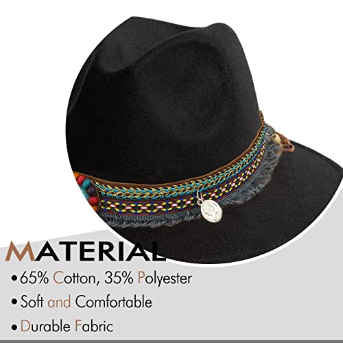 Women's Felt Fedora Hat Wide Brim Panama Hats with Tassel - color: Z Belt Black