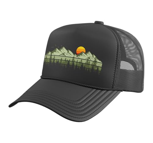 Trees Landscape Mountains Vintage Forest Trucker Hat with Adjustable Mesh Back - color: Black